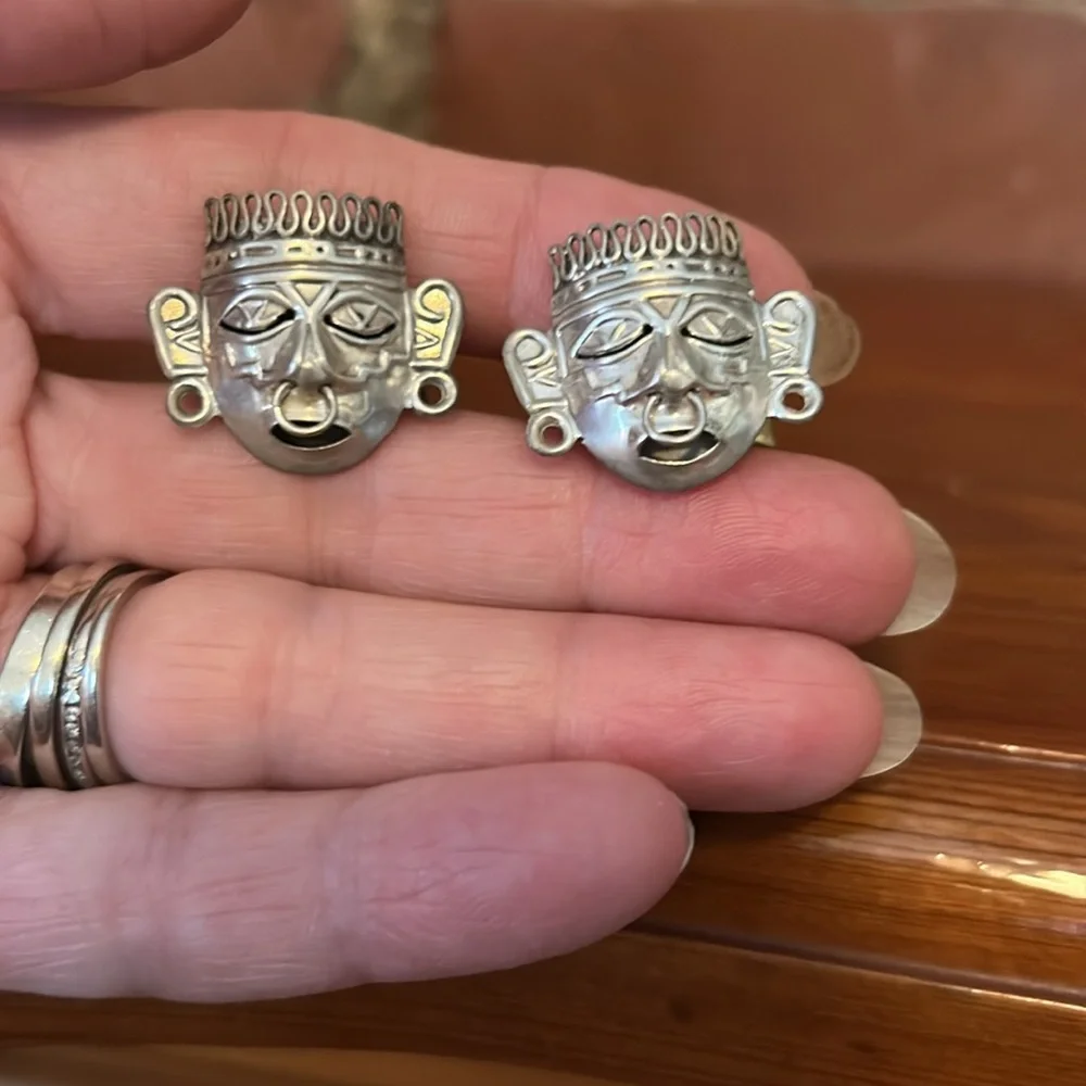Vintage Silver Mexican Aztec Mayan Warrior Cufflinks